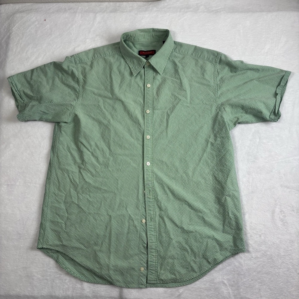 Austin Reed Green Stiped Short Sleeve Collared Button Up‎ Textured Shirt Mens XL